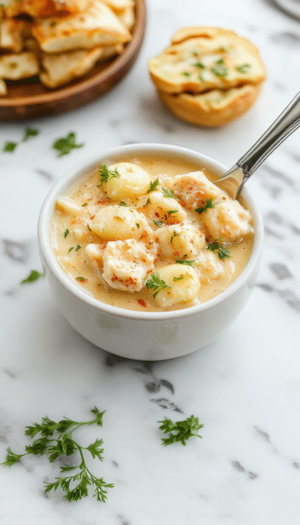 A steaming bowl of creamy chicken gnocchi soup garnished with fresh herbs and parmesan cheese, featuring tender chicken pieces, soft gnocchi, and vibrant greens against a rustic wooden table background.