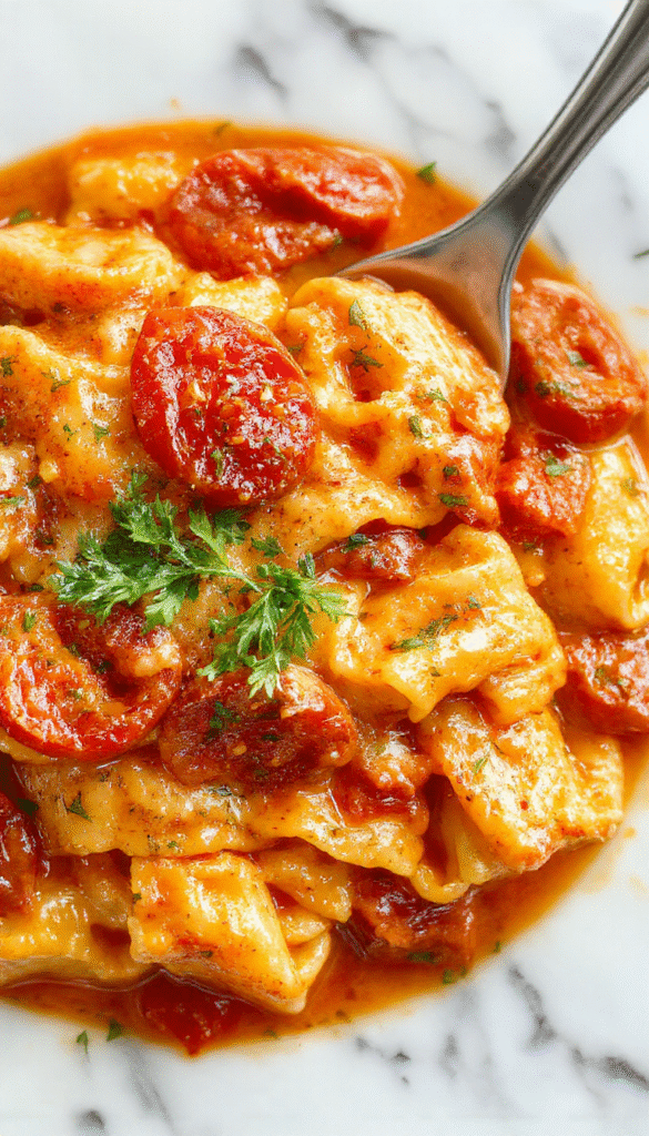 A vibrant bowl of creamy tomato pasta garnished with fresh basil, with a smooth sauce coating perfectly cooked spaghetti on a rustic wooden table