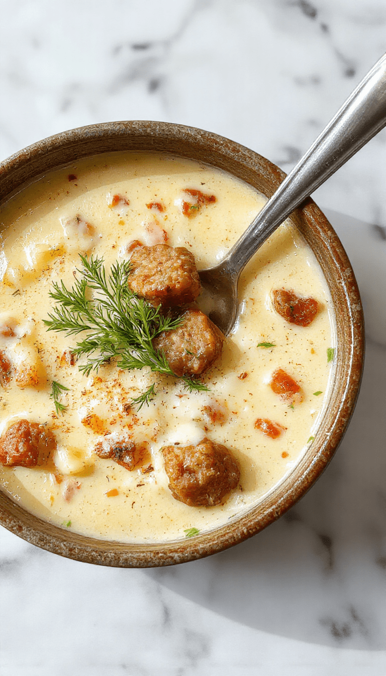 A deep bowl of creamy Italian sausage soup topped with freshly grated Parmesan cheese, green herbs, and slices of sausage, with a rustic wooden table setting, vibrant orange and green hues from vegetables, and a spoon elegantly resting on the side.