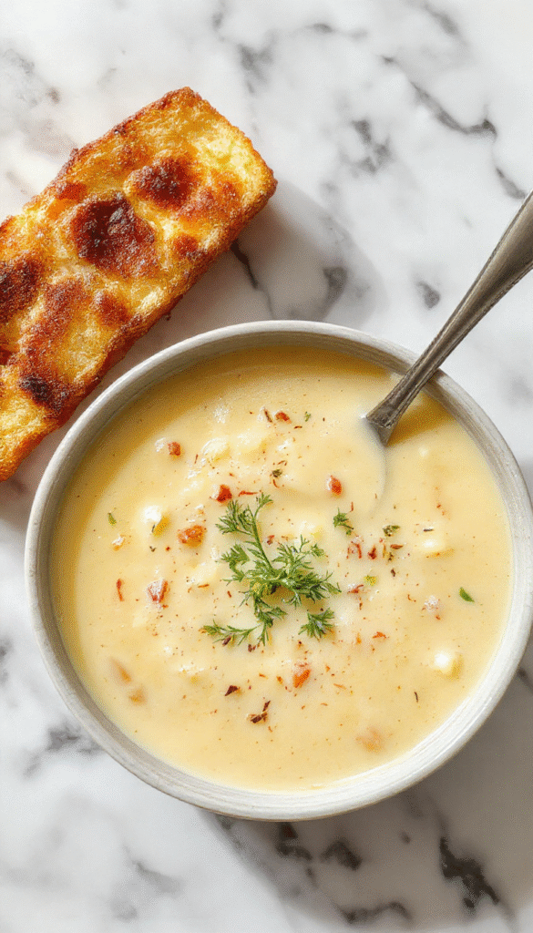 A vibrant bowl of creamy pastina soup garnished with fresh herbs and grated cheese, showcasing tiny pasta grains immersed in a rich, velvety broth, styled with a rustic touch and inviting textures.