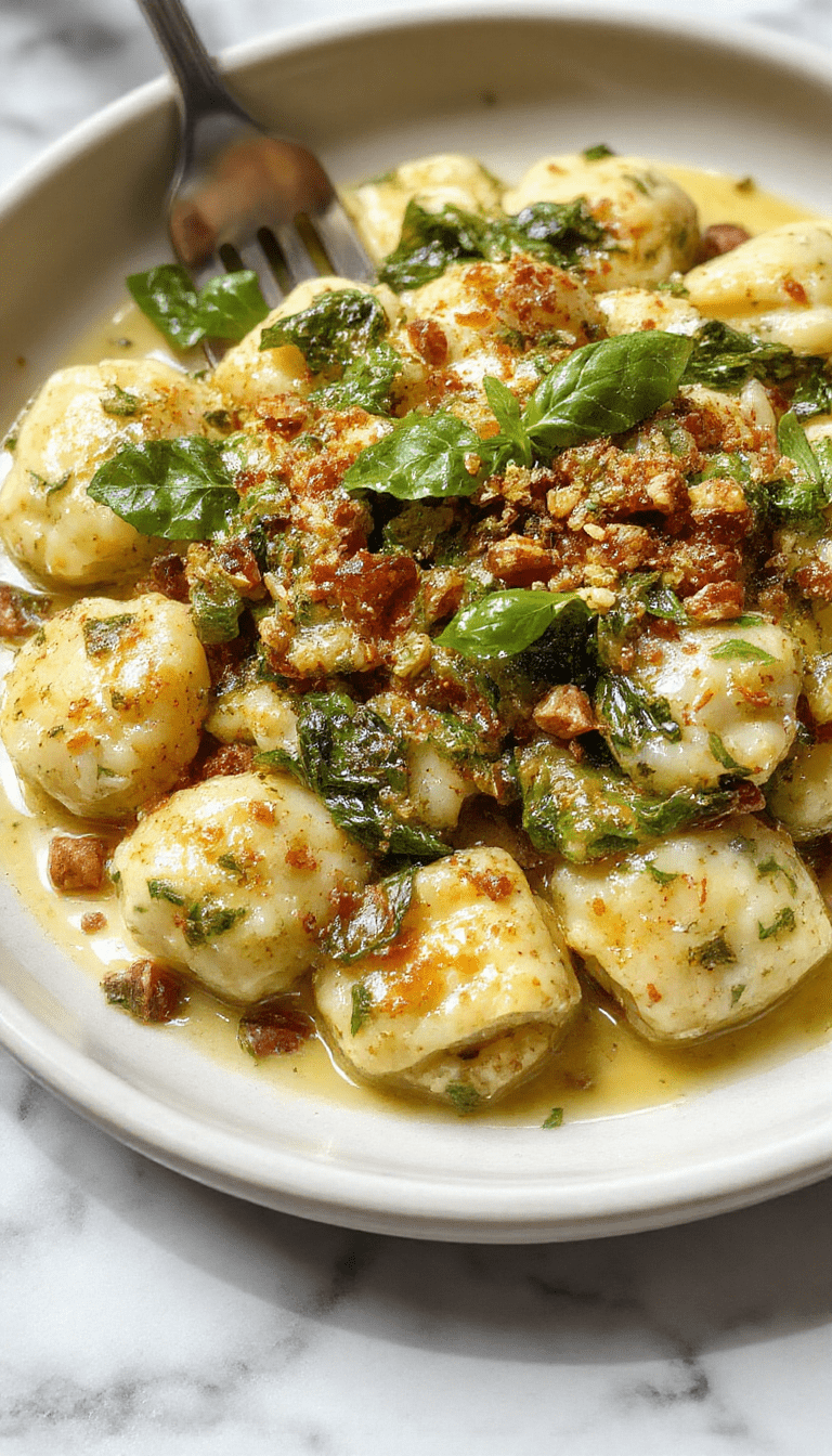 A vibrant white oval dish filled with golden-brown gnocchi coated in a creamy green pesto sauce, topped with fresh spinach and melted cheese. The dish is garnished with basil leaves and drizzled with extra pesto, displaying a colorful and appetizing presentation styled for a rustic kitchen setting.