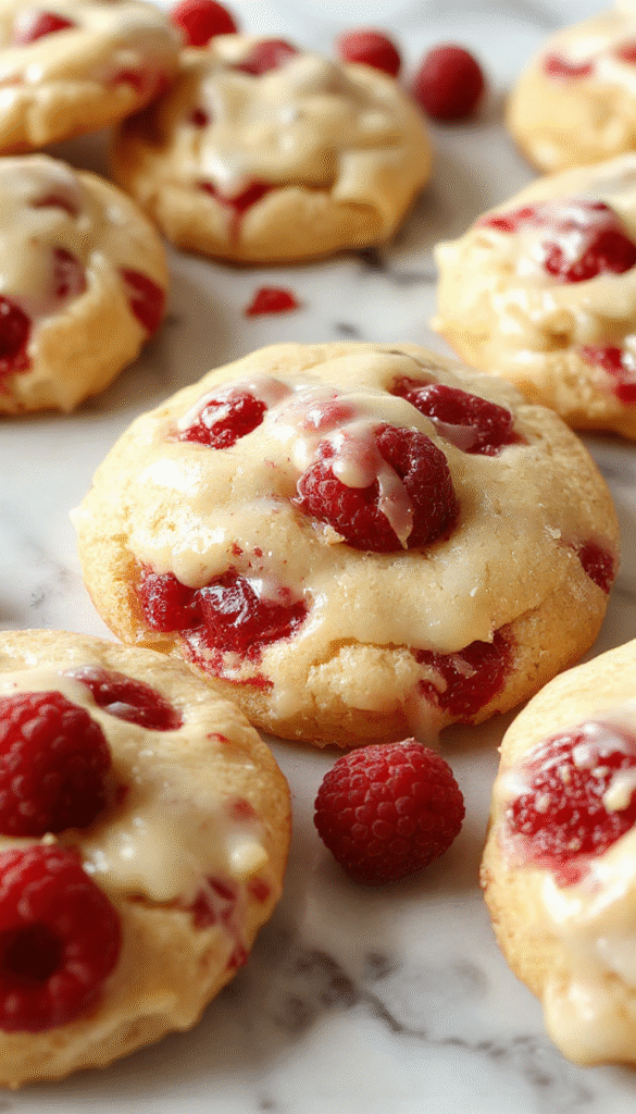 A close-up of golden-brown raspberry crumble cookies topped with fresh raspberries and a dusting of powdered sugar, styled on a rustic wooden platter with a light background emphasizing their flaky texture and vibrant red berries.