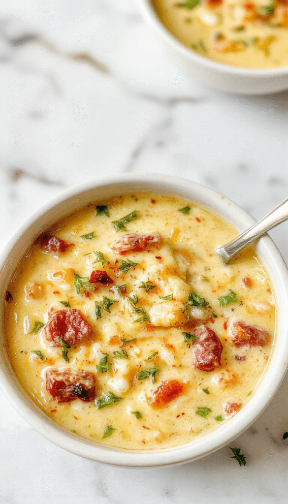 A vibrant bowl of creamy Reuben soup garnished with chopped parsley and a drizzle of sour cream. The soup is rich and thick with visible chunks of corned beef, sauerkraut, and melted Swiss cheese, served against a rustic wooden background with fresh rye bread slices on the side, styled for a cozy, comforting look.