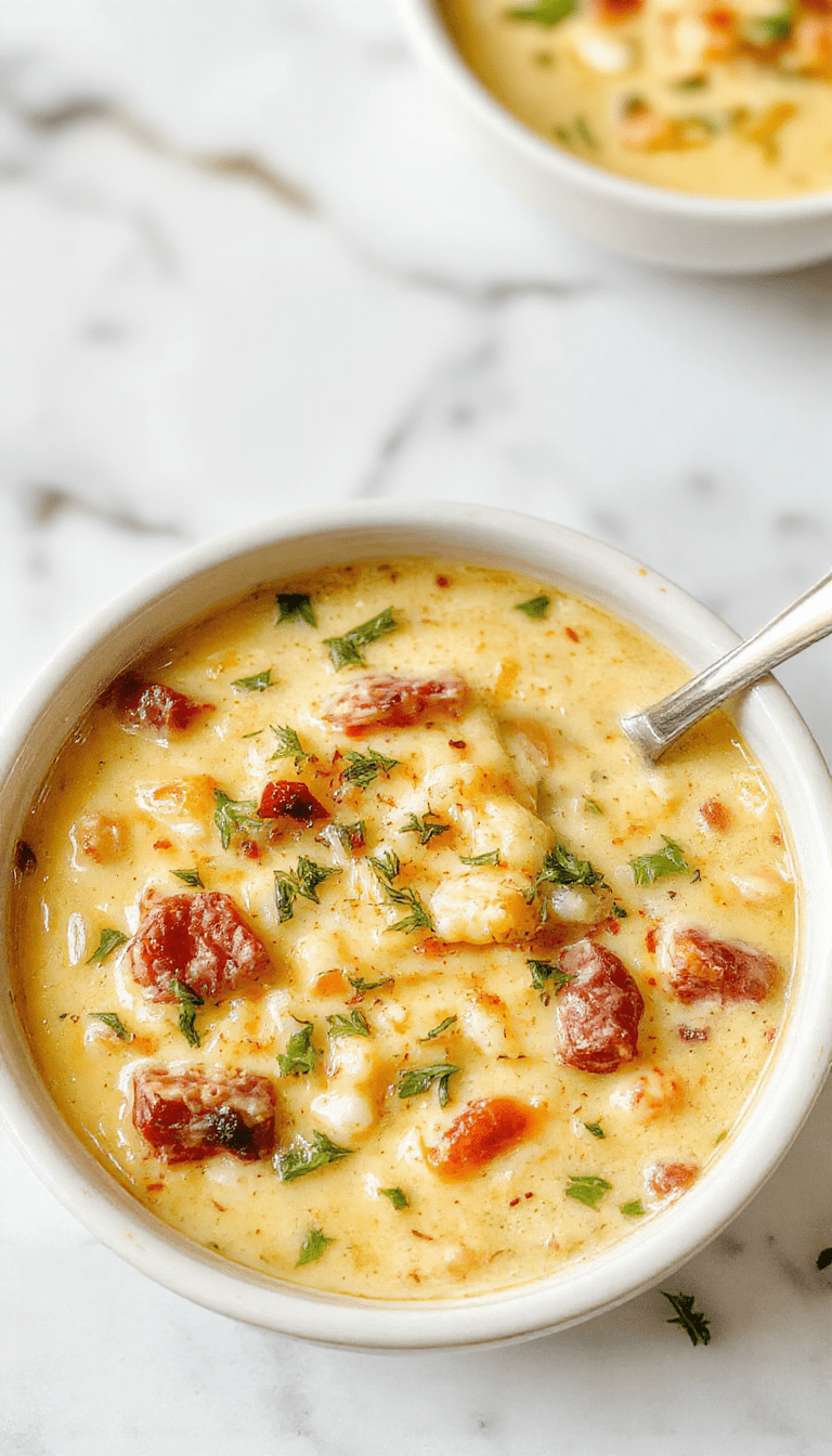 A vibrant bowl of creamy Reuben soup garnished with chopped parsley and a drizzle of sour cream. The soup is rich and thick with visible chunks of corned beef, sauerkraut, and melted Swiss cheese, served against a rustic wooden background with fresh rye bread slices on the side, styled for a cozy, comforting look.