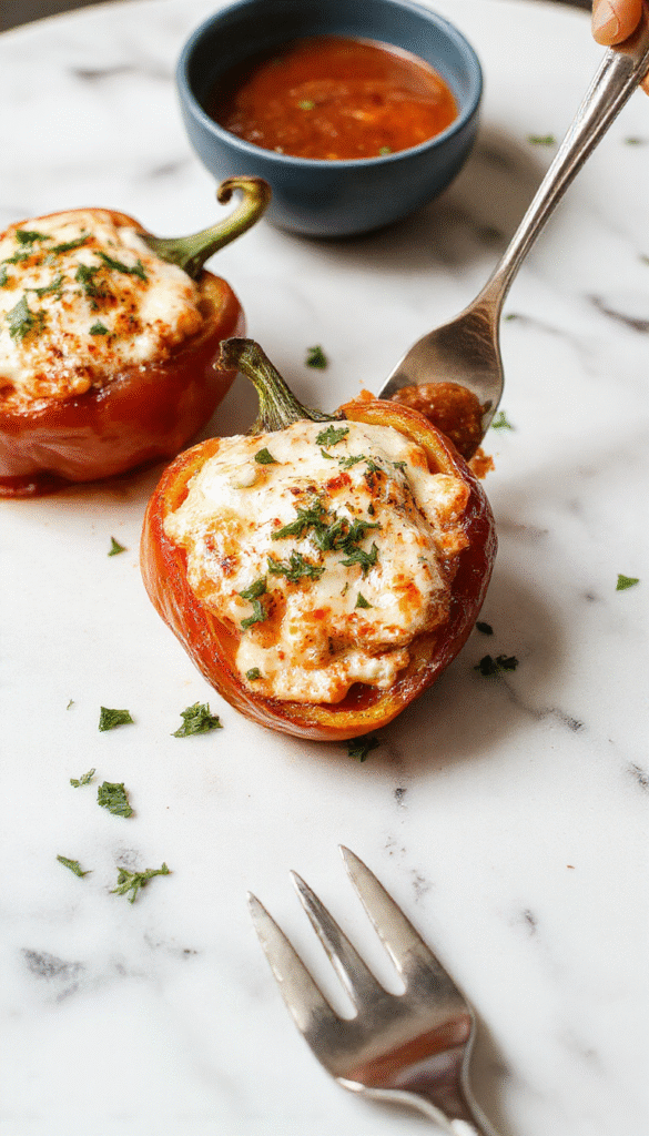 Colorful bell peppers filled with creamy ricotta cheese, topped with fresh herbs and baked to perfection, presenting vibrant reds, yellows, and greens on a rustic white plate with a wooden background.