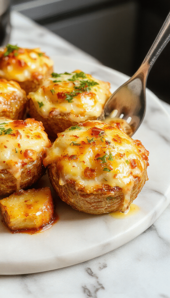 A close-up of a golden-brown potatoes au gratin dish topped with melted cheese and roasted garlic slices, garnished with fresh herbs on a rustic wooden platter, with vibrant yellow potatoes and bubbling cheese textures.