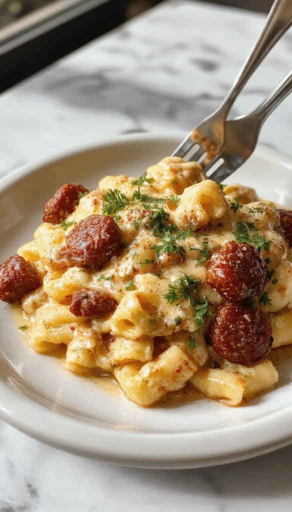 A vibrant plate of creamy sausage rigatoni featuring perfectly cooked rigatoni pasta coated in a rich, creamy sauce with sliced sausages. Garnished with fresh herbs and grated cheese, the dish is styled on a rustic wooden table with a sprinkle of black pepper and a side of garlic bread. The vibrant colors emphasize the creamy texture and savory ingredients, inviting viewers to indulge.