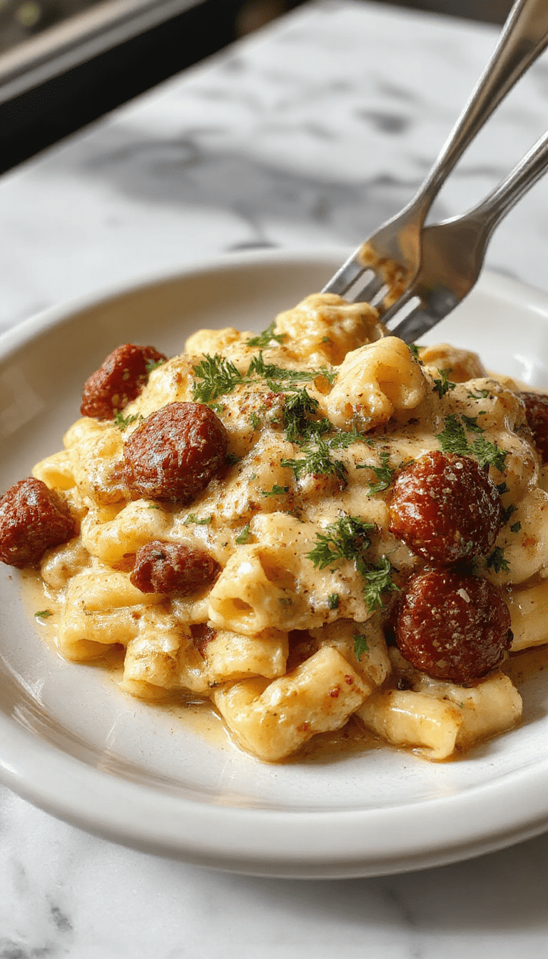 A vibrant plate of creamy sausage rigatoni featuring perfectly cooked rigatoni pasta coated in a rich, creamy sauce with sliced sausages. Garnished with fresh herbs and grated cheese, the dish is styled on a rustic wooden table with a sprinkle of black pepper and a side of garlic bread. The vibrant colors emphasize the creamy texture and savory ingredients, inviting viewers to indulge.