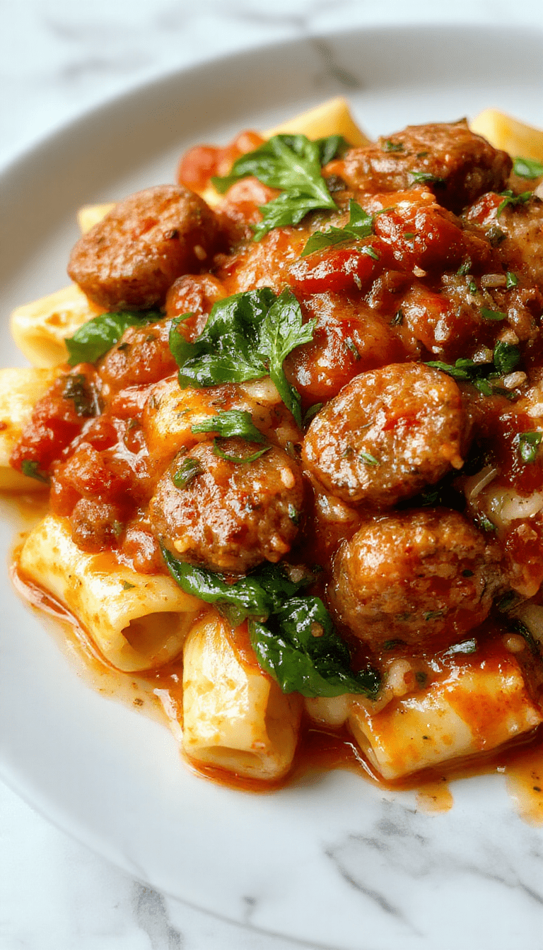 A vibrant plate of creamy sausage rigatoni garnished with fresh spinach and cherry tomato halves, drizzled with a rich garlic cream sauce, served on a rustic wooden table with basil leaves for decoration.