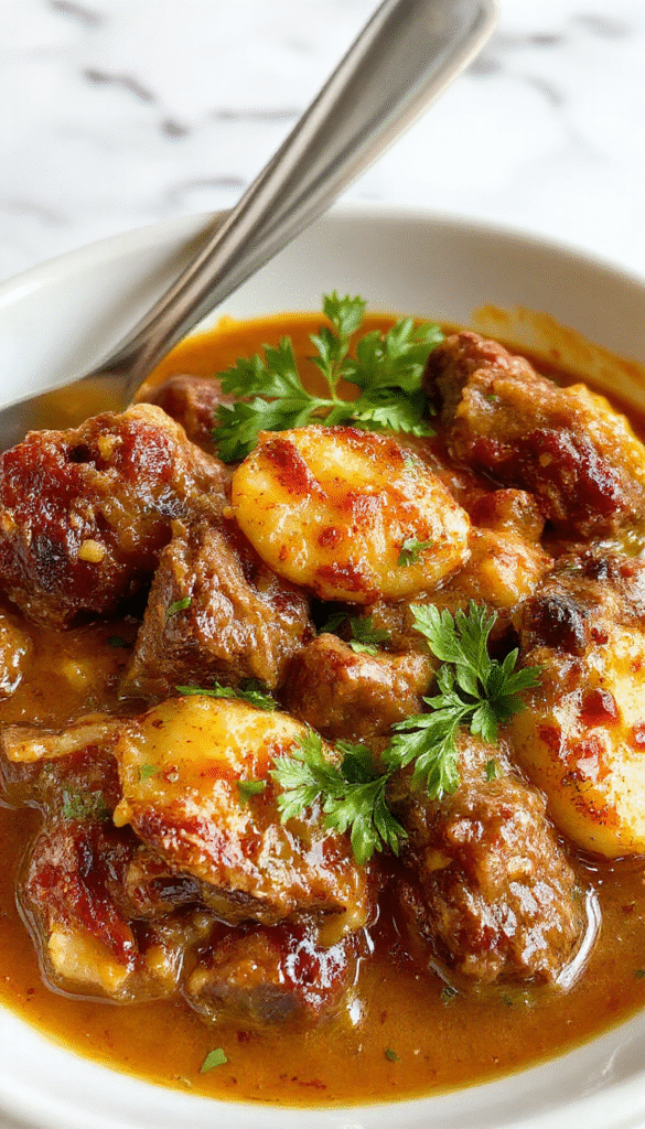 A vibrant bowl of beef coconut curry topped with fresh cilantro, served alongside jasmine rice on a rustic wooden table, showcasing tender beef chunks in a rich, creamy, golden coconut sauce with colorful bell peppers and spices