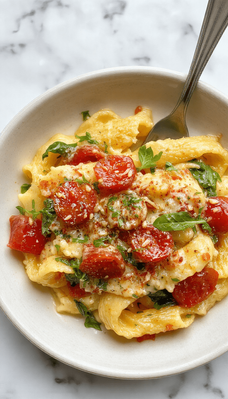 A vibrant plate of creamy spinach and cherry tomato pasta coated in a rich sauce, garnished with fresh basil, served on a white ceramic plate with a rustic wooden table background, showing the textures of tender pasta, bright red tomatoes, and deep green spinach.