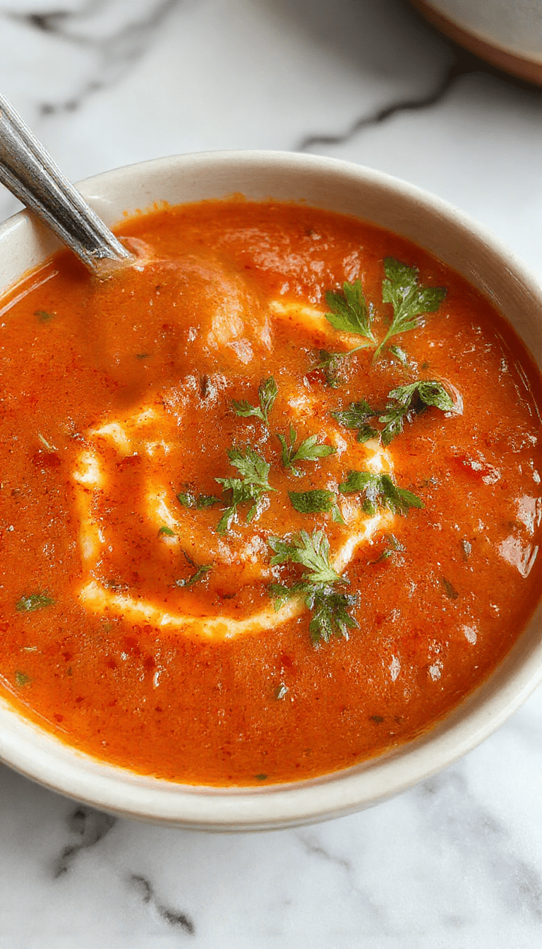 A vibrant red bowl of creamy tomato soup garnished with fresh basil leaves, drizzled with cream, served on a rustic wooden table with crusty bread slices nearby, capturing a warm and inviting culinary presentation with a smooth texture and vibrant colors.