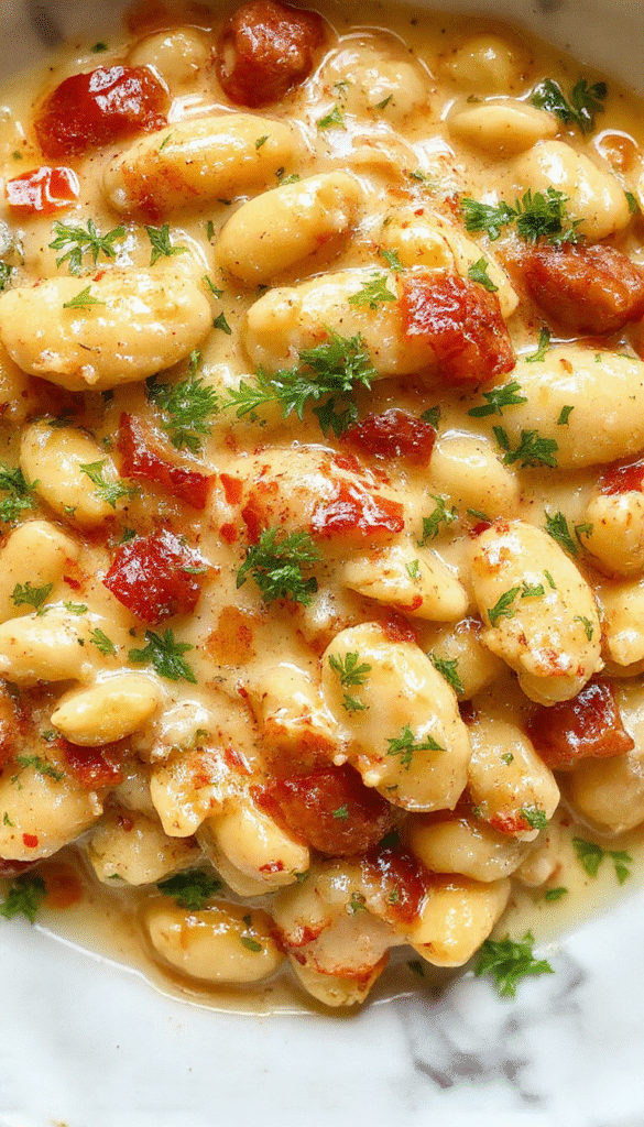 A vibrant bowl of creamy Tuscan butter beans topped with fresh parsley, with a rich, golden sauce coating tender beans, garnished with herbs and served on a rustic wooden platter.