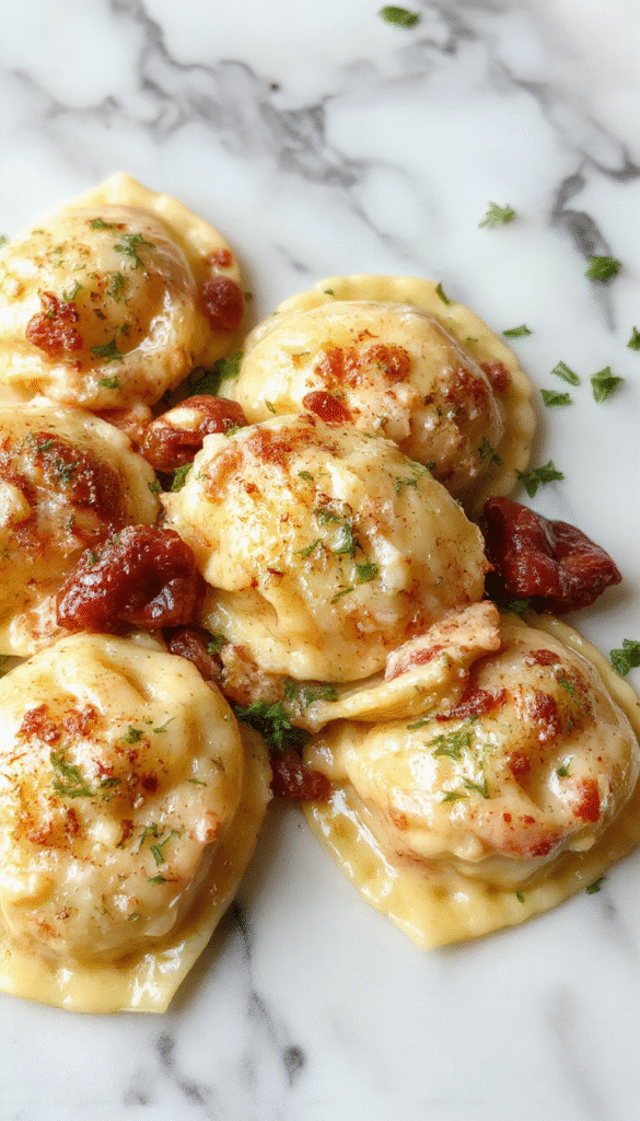 A vibrant plate of creamy Tuscan ravioli featuring golden-brown ravioli nestled in a rich, glossy sauce with fresh spinach, cherry tomatoes, and grated Parmesan cheese, garnished with herbs for a colorful and appetizing presentation.