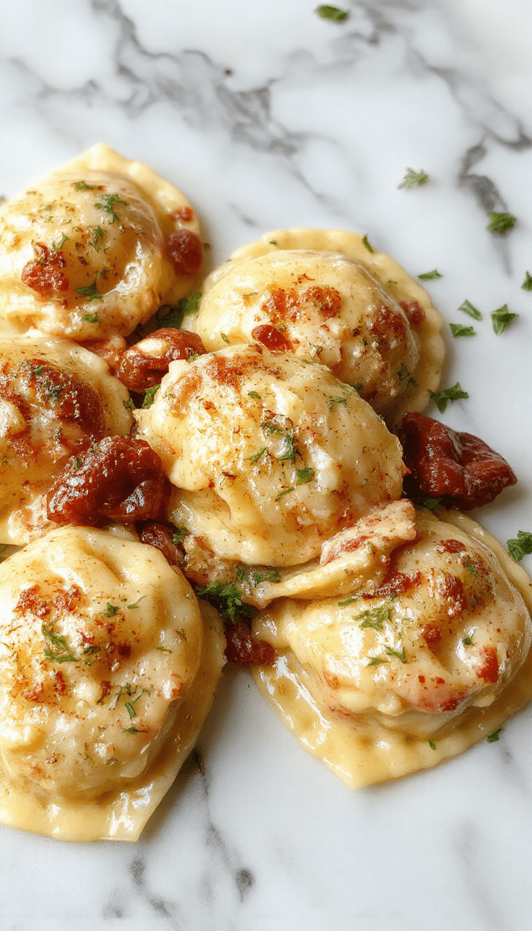 A vibrant plate of creamy Tuscan ravioli featuring golden-brown ravioli nestled in a rich, glossy sauce with fresh spinach, cherry tomatoes, and grated Parmesan cheese, garnished with herbs for a colorful and appetizing presentation.