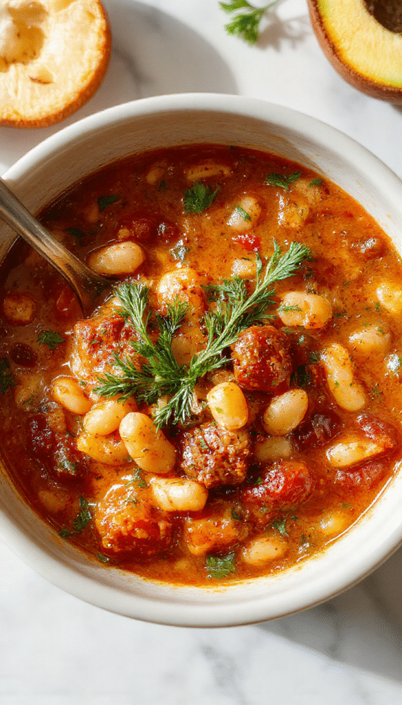 A vibrant bowl of creamy vegan tomato white bean stew featuring rich red tomato-based broth, creamy white beans scattered on top, garnished with fresh herbs, served in a rustic white ceramic bowl with a wooden spoon, steam rising, surrounded by fresh ingredients like tomatoes, garlic, and herbs.