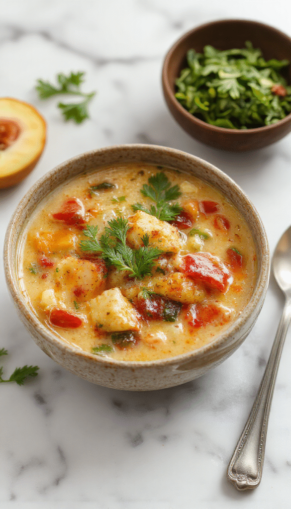 A vibrant bowl of creamy vegan vegetable soup with colorful diced carrots, celery, and zucchini topped with fresh herbs, served in a white bowl on a rustic wooden table with a spoon beside it, glowing with natural sunlight highlighting the textures and rich colors of the ingredients.