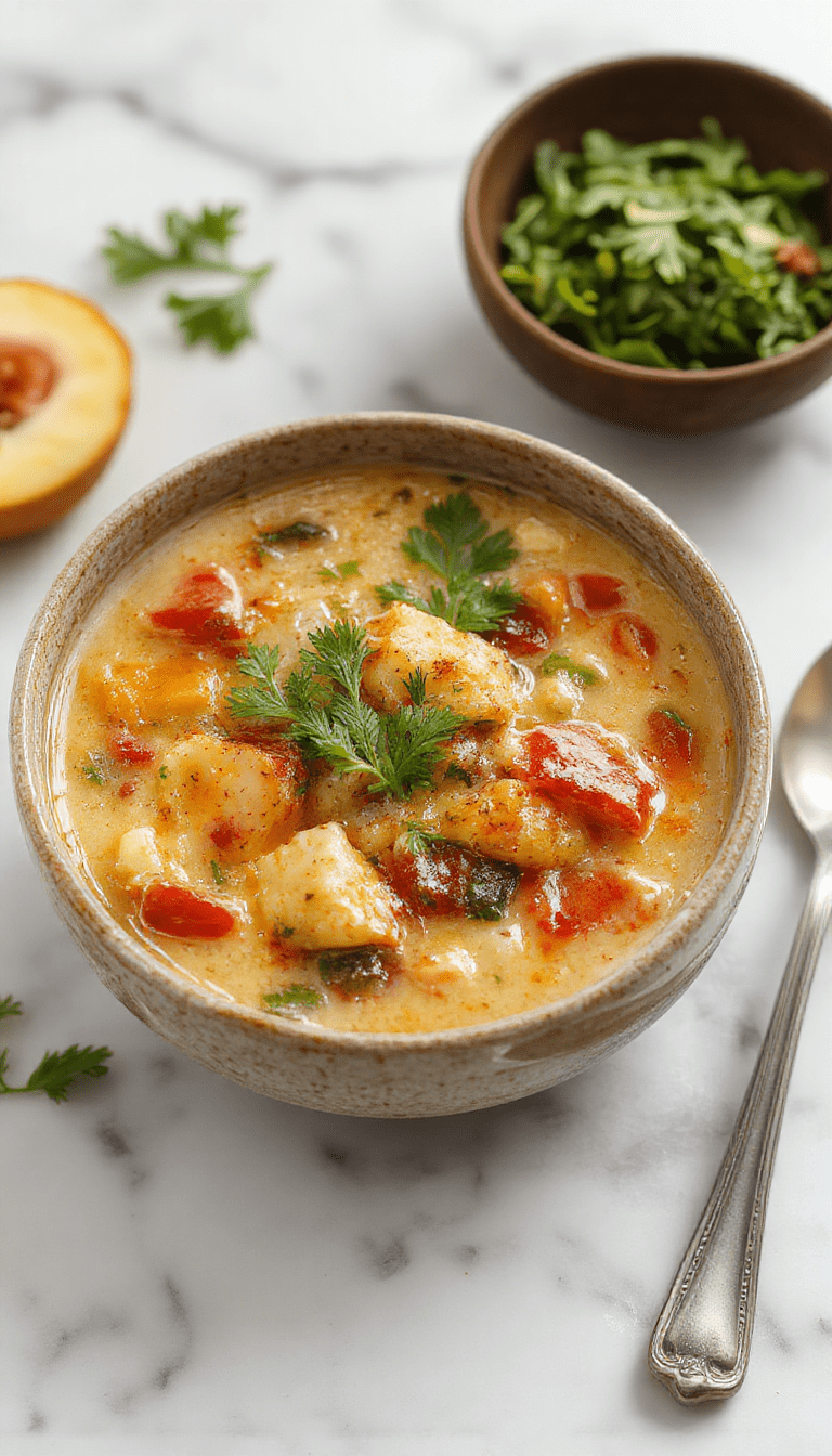 A vibrant bowl of creamy vegan vegetable soup with colorful diced carrots, celery, and zucchini topped with fresh herbs, served in a white bowl on a rustic wooden table with a spoon beside it, glowing with natural sunlight highlighting the textures and rich colors of the ingredients.
