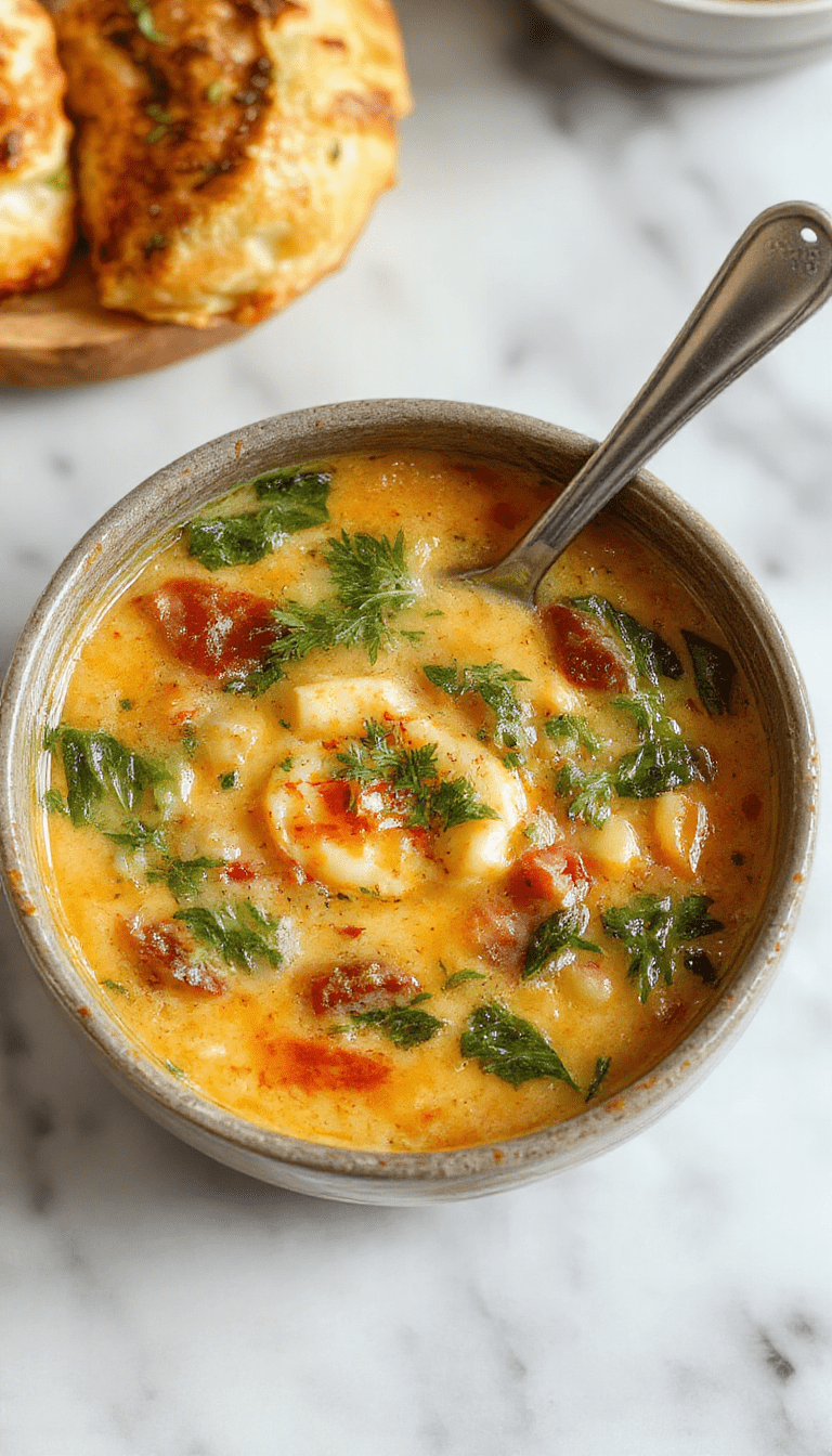 A colorful bowl of creamy vegetable soup garnished with fresh herbs on a rustic wooden table. The vibrant orange, green, and purple vegetables contrast with the smooth, velvety cream-based broth, presented with a spoon and a slice of crusty bread on the side, styled casually for a cozy home-cooked meal.