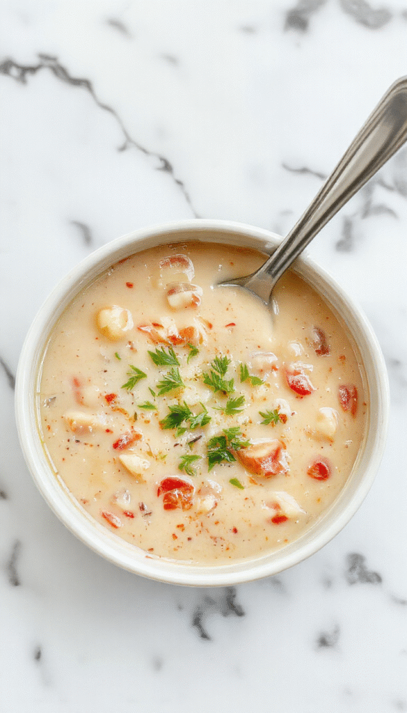 A bowl of creamy white bean soup garnished with chopped parsley and a drizzle of olive oil. The soup has a smooth texture with visible tender beans, served on a rustic wooden table with crusty bread and a sprig of herbs for garnish, styled with warm natural lighting highlighting the creamy consistency and fresh toppings.