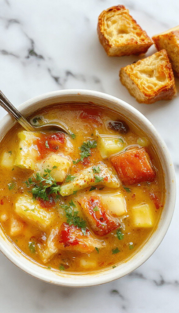 A vibrant bowl of vegetable soup with a colorful medley of fresh vegetables including carrots, celery, zucchini, and tomatoes, garnished with herbs, served in a rustic white bowl on a wooden table with a spoon beside it, highlighting the bright colors and textured ingredients.