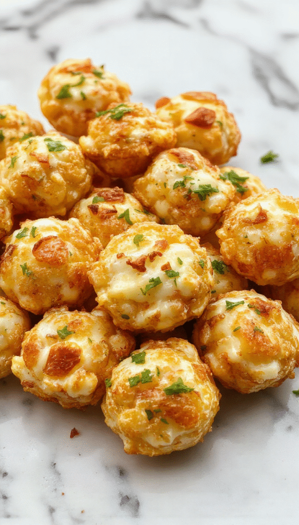 Close-up of golden crispy corn cheese bites served on a white plate, showing bubbly melted cheese and crispy edges, garnished with chopped herbs, with a textured background highlighting the crunchy texture.
