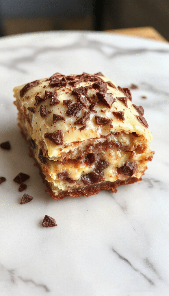 A beautifully plated slice of chocolate chip cannoli pie with a golden, crispy crust, filled with creamy ricotta and chocolate chips, topped with powdered sugar and a drizzle of chocolate sauce, styled on a rustic plate with scattered chocolate shavings and a sprig of mint.