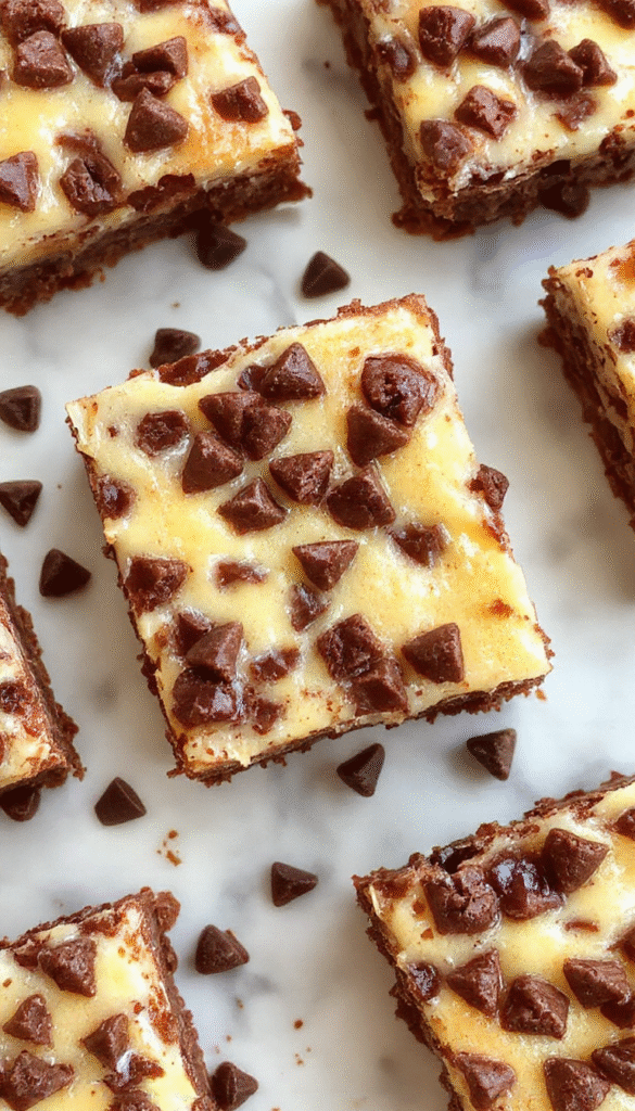 Colorful dessert featuring a layered cheesecake bar with a golden-brown crust, creamy cheesecake filling dotted with semi-sweet chocolate chips, sliced into squares on a rustic wooden platter, topped with a drizzle of chocolate and a few scattered chips, styled for an inviting, homemade look with a sprinkle of powdered sugar and fresh berries nearby.