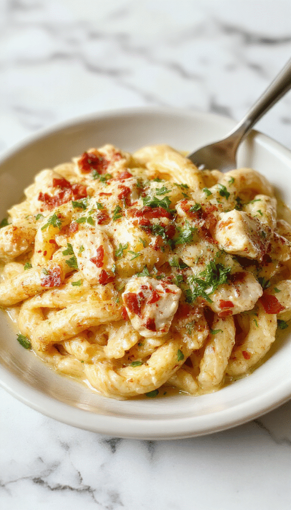 A vibrant plate of creamy marry me chicken pasta featuring tender pieces of chicken coated in a smooth, rich white sauce, garnished with fresh herbs and served over al dente pasta. The dish is beautifully plated on a rustic white dish, with a drizzle of sauce and a sprinkle of parsley, showcasing textures of velvety sauce, tender chicken, and perfectly cooked pasta against a warm, inviting background.