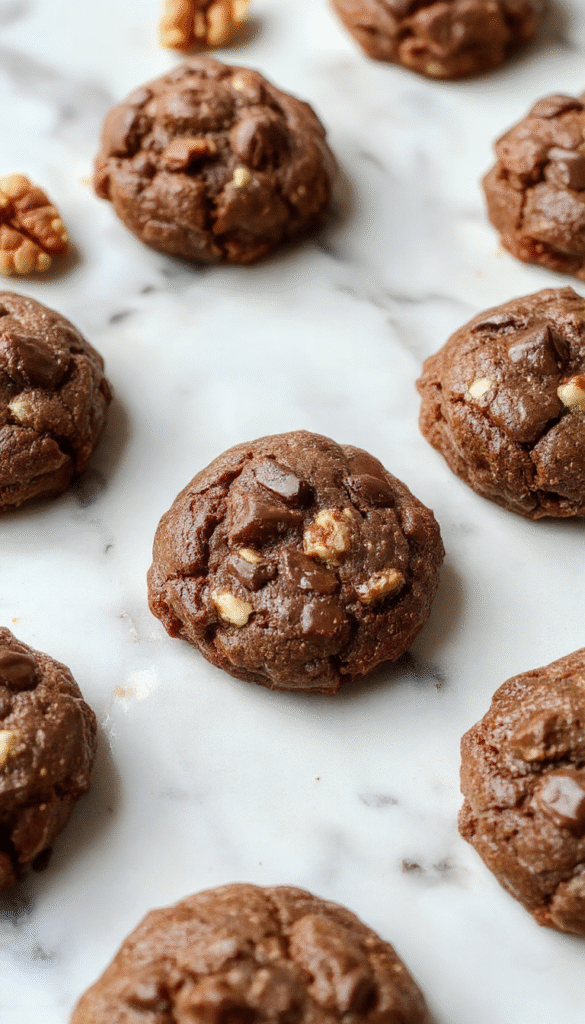 A close-up of freshly baked chocolate walnut cookies on a rustic wooden platter, garnished with crushed walnuts and glossy chocolate chunks. The cookies have a golden-brown exterior, with gooey melted chocolate peeking through, contrasting with the darker roasted walnuts. The scene is styled with a sprinkle of powdered sugar and a few whole walnuts in the background, evoking indulgence and homemade warmth.