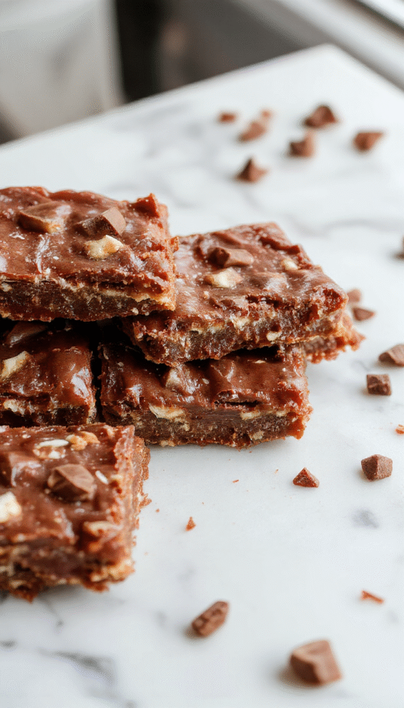 A close-up of a sinfully delicious turtle bars showcasing glossy caramel layer topped with rich chocolate and chopped pecans, arranged beautifully on a white platter with a rustic wooden background.