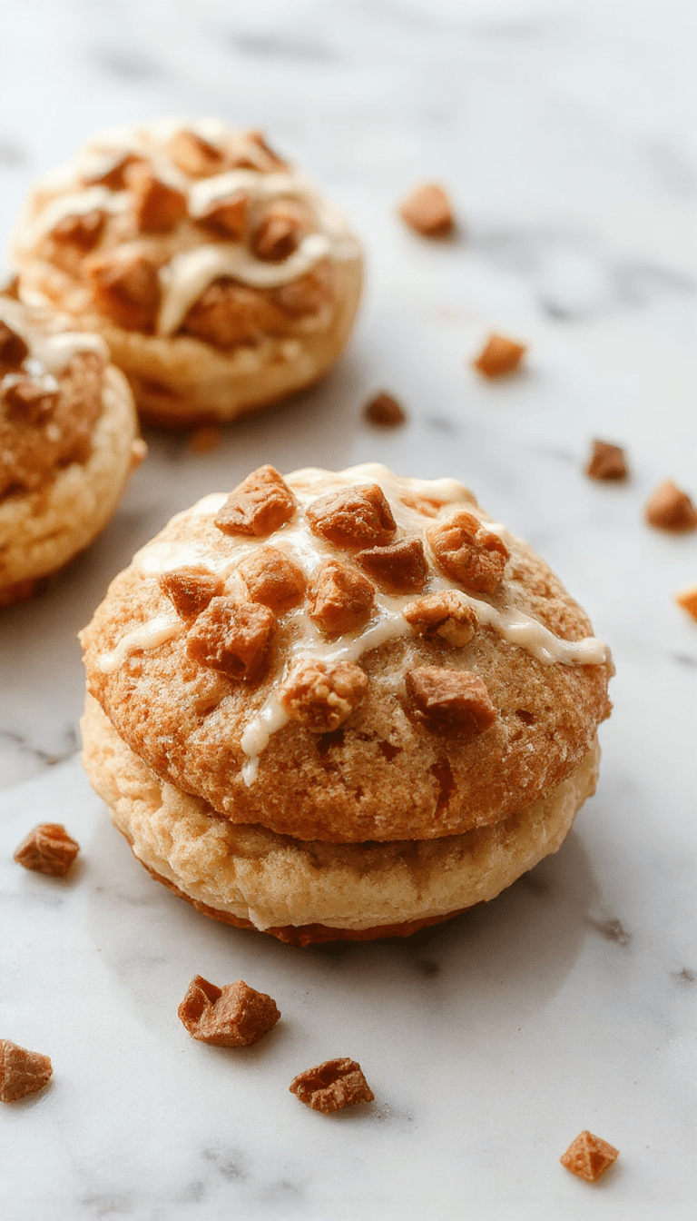 A close-up view of two freshly baked apple cider whoopie pies with a creamy filling, placed on a rustic wooden surface. The pies are golden-brown with a soft texture, topped with a drizzle of caramel and garnished with cinnamon sticks and apple slices for a cozy fall presentation.