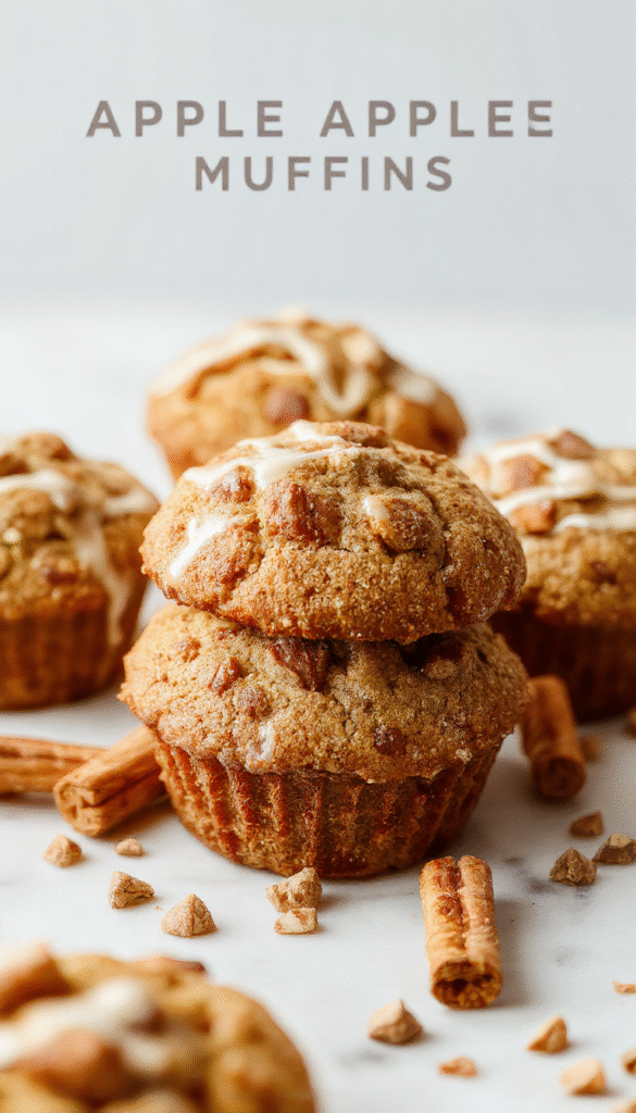 A close-up of golden-brown apple cinnamon muffins arranged on a rustic wooden platter, topped with a sprinkle of cinnamon and sugar. The muffins are fluffy with visible chunks of fresh apple and a cinnamon swirl. Soft natural lighting highlights their moist texture and warm tones, with a few muffins slightly cut open to show the tender crumb inside. A cinnamon stick and fresh apple slices artfully placed nearby add a cozy, inviting feel.