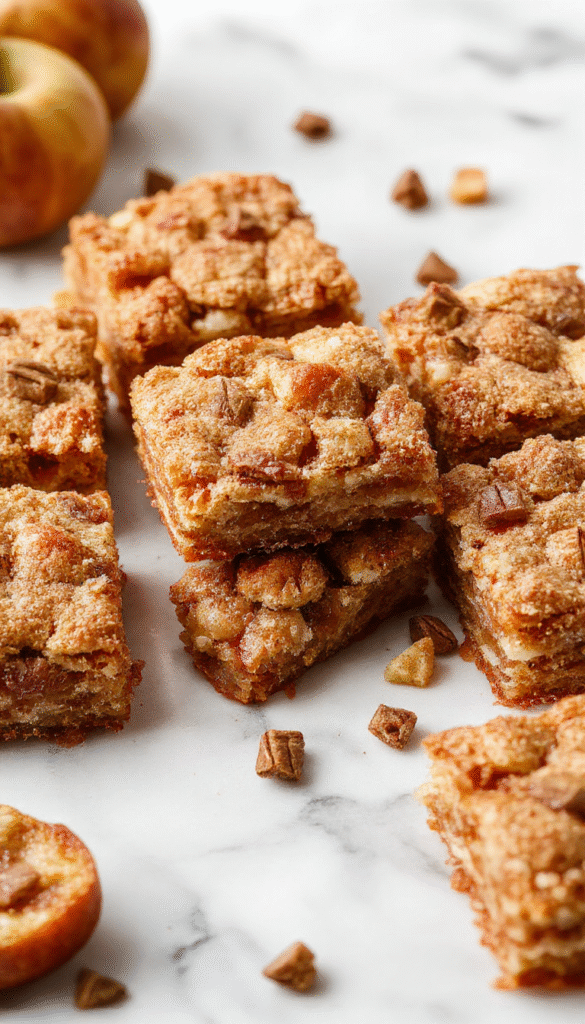 Colorful close-up of golden-brown apple crisp shortbread bars sliced on a rustic wooden platter, topped with caramelized apple filling and a dusting of powdered sugar, styled with fresh apple slices and cinnamon sticks for a warm, inviting look.