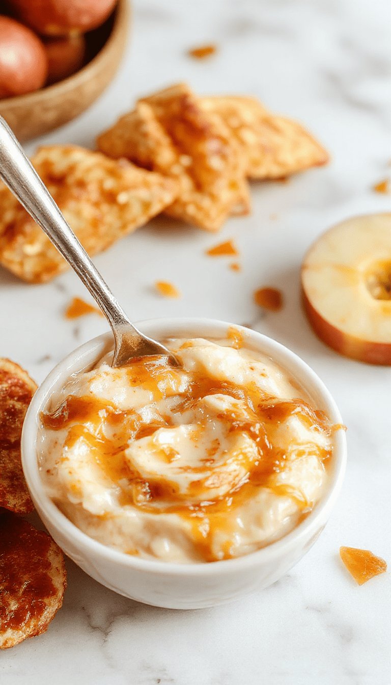 A vibrant bowl of creamy apple toffee dip topped with crushed toffee bits and sliced apples around, set on a rustic wooden table with a spoon and caramel drizzle in the background, showcasing a luscious, smooth texture, warm caramel color, and fresh apple slices adding a pop of red and green.