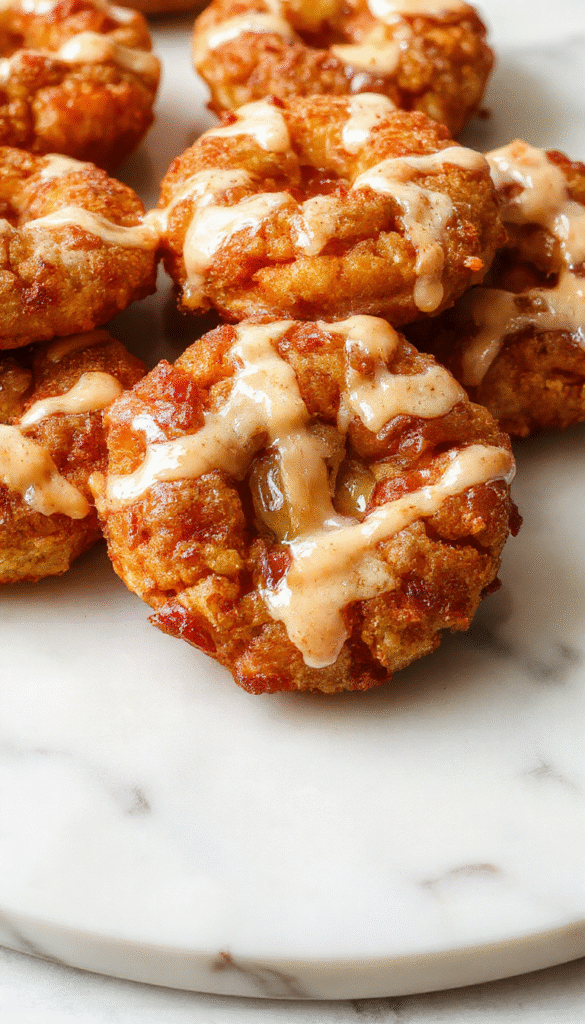 Golden-brown apple fritters arranged on a white plate, drizzled with glossy sweet glaze, garnished with cinnamon, with a rustic wooden background, steam rising, showing crisp exterior and tender apple filling