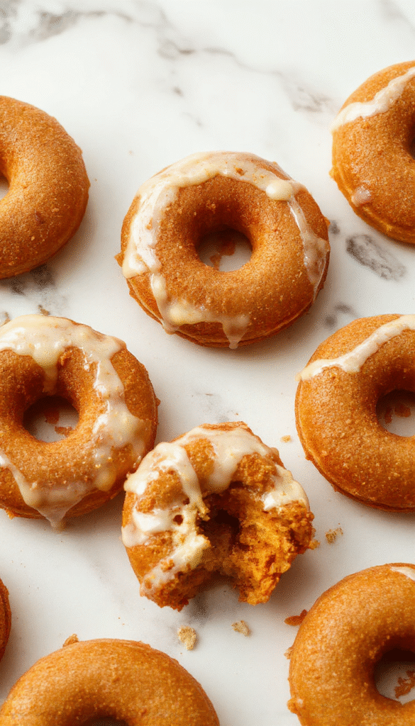 A close-up of golden-brown baked pumpkin donuts glazed with a light icing, arranged on a rustic wooden platter garnished with cinnamon sticks and pumpkin seeds, colorful fall leaves in the background, highlighting the soft texture and festive appeal.