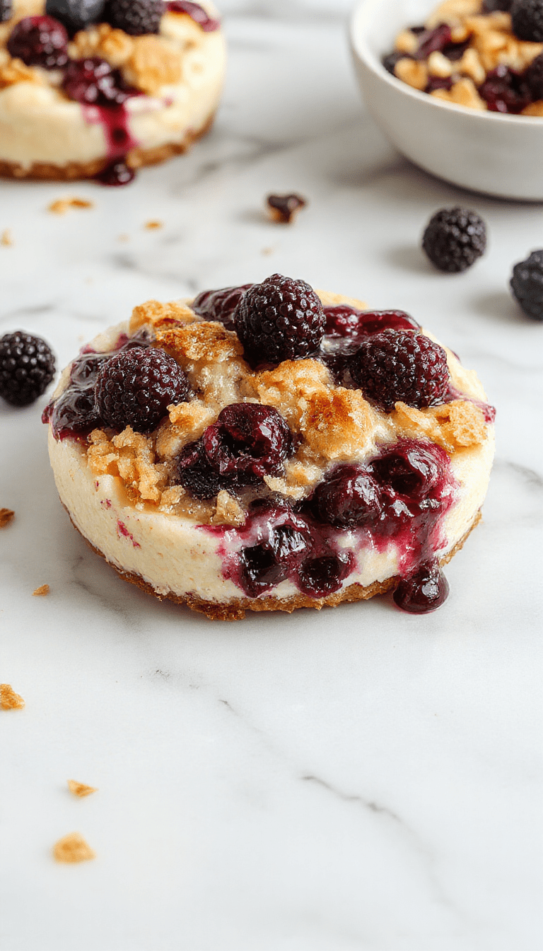 A visually appealing blueberry crumble cheesecake on a white plate, topped with a golden crumble and vibrant fresh blueberries. The cheesecake has a smooth, creamy texture with a slightly crumbly crust. The bright blueberries contrast against the creamy white filling, garnished with mint leaves and powdered sugar. The background features a rustic wooden table and soft natural lighting highlighting the dessert's textures and colors.