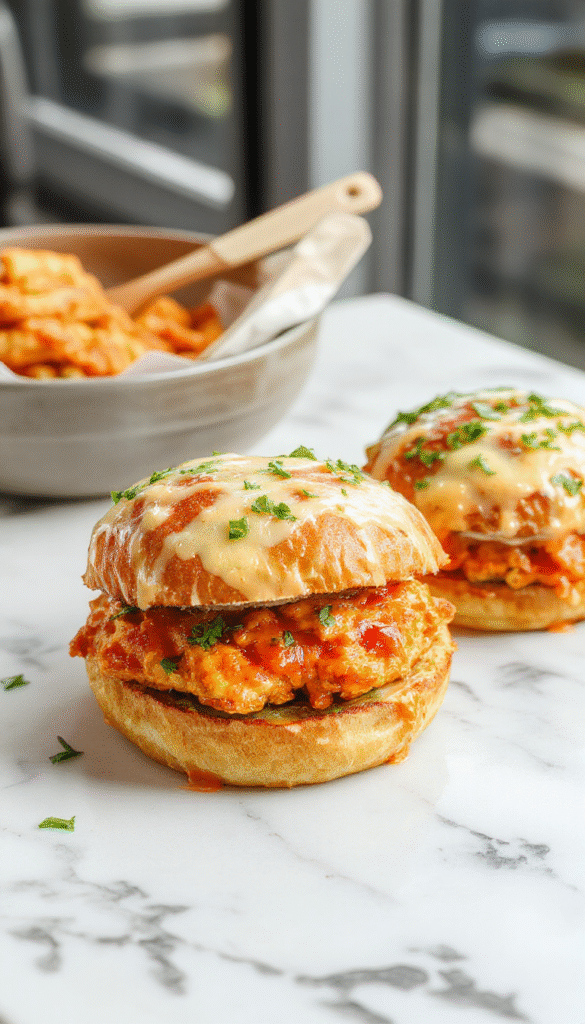 Colorful buffalo chicken sliders displayed on a rustic wooden platter with crispy toasted buns, tender shredded chicken coated in vibrant buffalo sauce, topped with fresh celery and crunchy pickles. The presentation showcases a stack of sliders with a drizzle of ranch dressing, evoking a casual but appetizing feel, perfect for a game day feast.