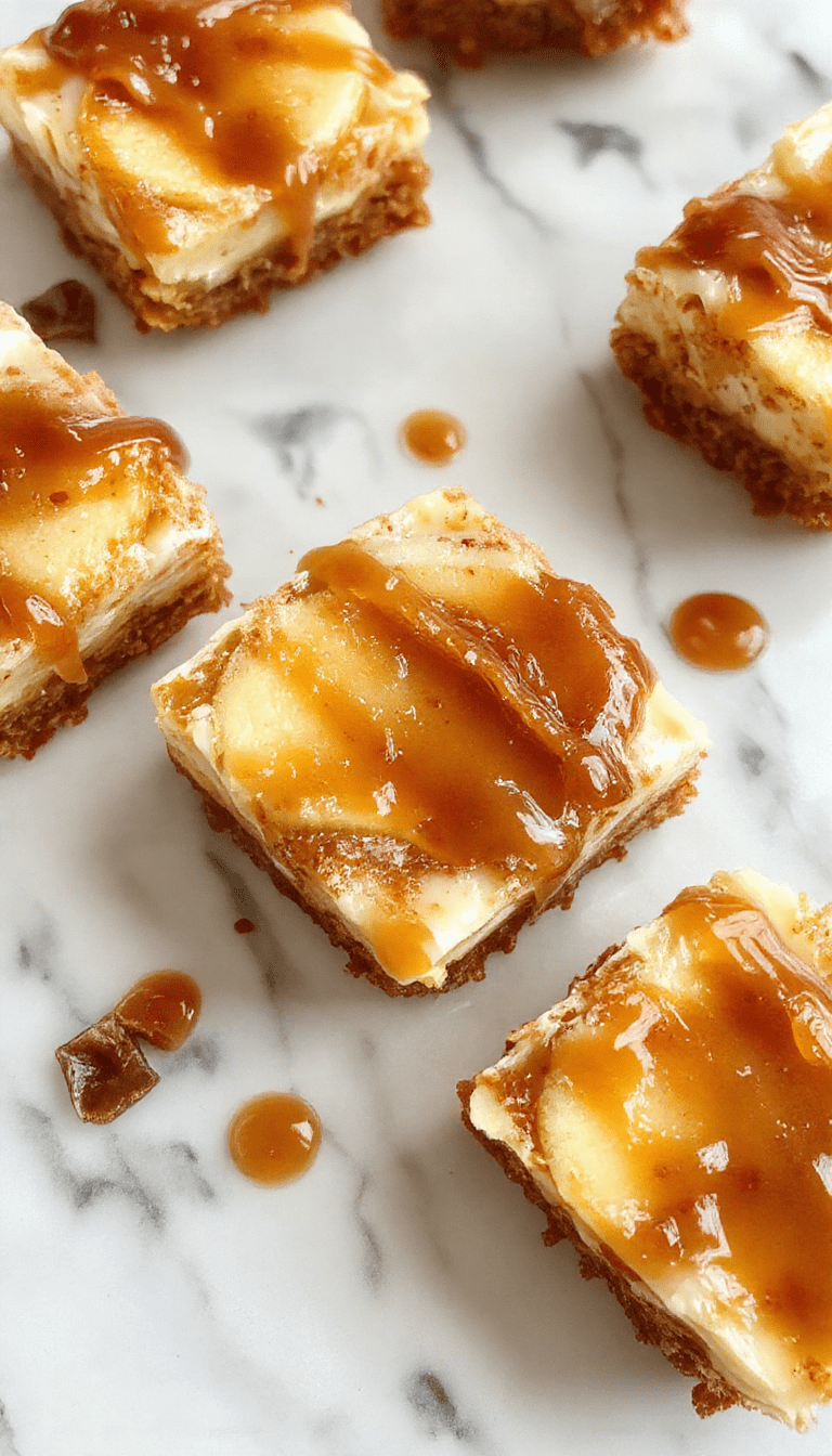 A vibrant close-up of caramel apple cheesecake bars featuring a golden-brown crust topped with smooth cream cheese filling. Drizzled caramel sauce and sliced caramelized apples adorn the top, set on a rustic wooden platter with a fork and a sprinkle of crushed graham crackers around. The colors are warm and inviting with rich caramel tones, creamy whites, and fresh red apple slices adding contrast.