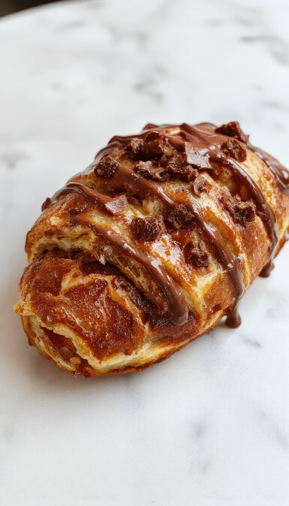 A golden-brown chocolate croissant breakfast bake topped with powdered sugar and sliced strawberries on a rustic white plate, with flaky layers and melted chocolate visible, styled with fresh mint leaves and a fork on a wooden table