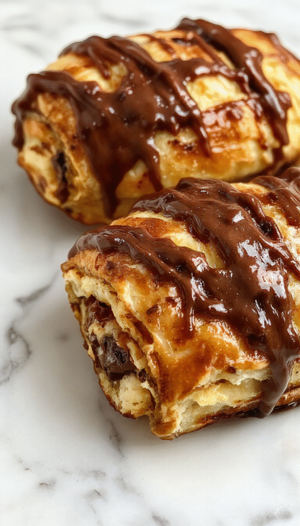 A close-up of a golden-brown chocolate croissant breakfast bake served in a white ceramic dish, topped with powdered sugar and drizzled with chocolate sauce, with a fork resting beside it, showcasing flaky layers and melted chocolate inside, accompanied by fresh berries and a sprig of mint on a rustic wooden table.