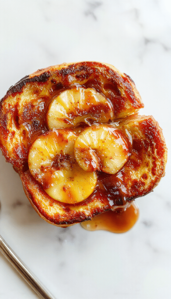 A vibrant, golden baked French toast casserole topped with sliced caramelized apples and a sprinkle of cinnamon, served in a white dish with a drizzle of syrup, garnished with fresh mint for a cozy breakfast scene