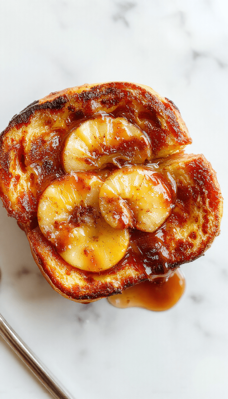 A vibrant, golden baked French toast casserole topped with sliced caramelized apples and a sprinkle of cinnamon, served in a white dish with a drizzle of syrup, garnished with fresh mint for a cozy breakfast scene