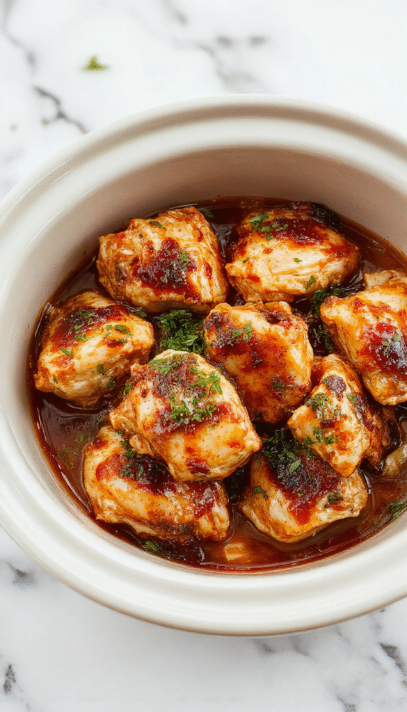 A vibrant plate featuring tender bourbon chicken garnished with fresh herbs, glazed with a rich, caramelized sauce, served alongside steamed vegetables on a rustic wooden table, with a glossy sauce highlighting the juicy texture and appetizing presentation.