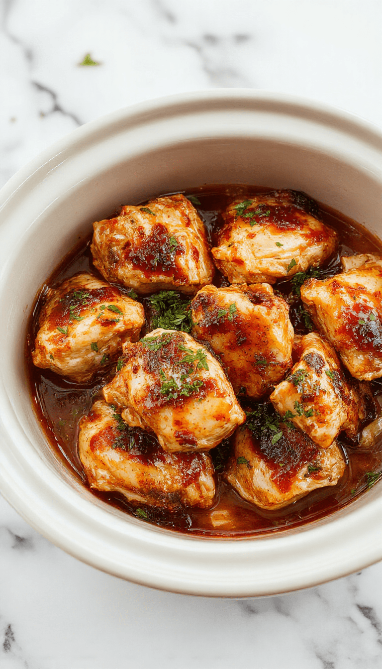 A vibrant plate featuring tender bourbon chicken garnished with fresh herbs, glazed with a rich, caramelized sauce, served alongside steamed vegetables on a rustic wooden table, with a glossy sauce highlighting the juicy texture and appetizing presentation.