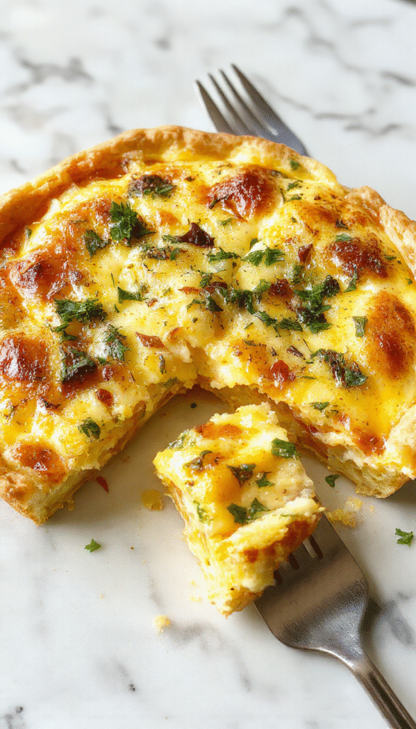 A golden-brown slice of breakfast quiche on a white plate, garnished with fresh herbs, showing a flaky crust filled with cheesy eggs and vegetables, served alongside a small salad on a rustic wooden table.