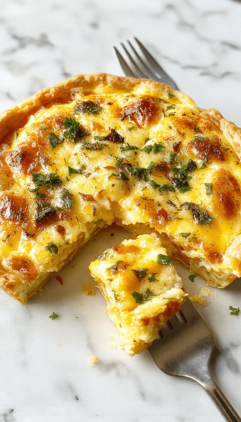 A golden-brown slice of breakfast quiche on a white plate, garnished with fresh herbs, showing a flaky crust filled with cheesy eggs and vegetables, served alongside a small salad on a rustic wooden table.
