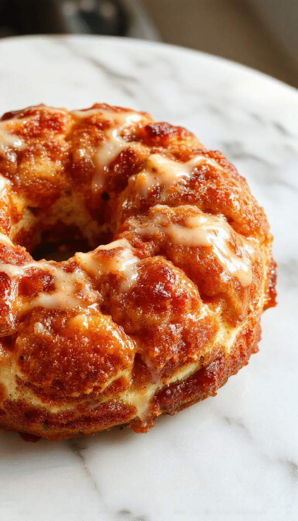 A golden-brown pull-apart monkey bread topped with a light glaze, arranged on a white plate with a fork resting beside it, fresh herbs for garnish, soft and gooey texture visible, warm and inviting presentation