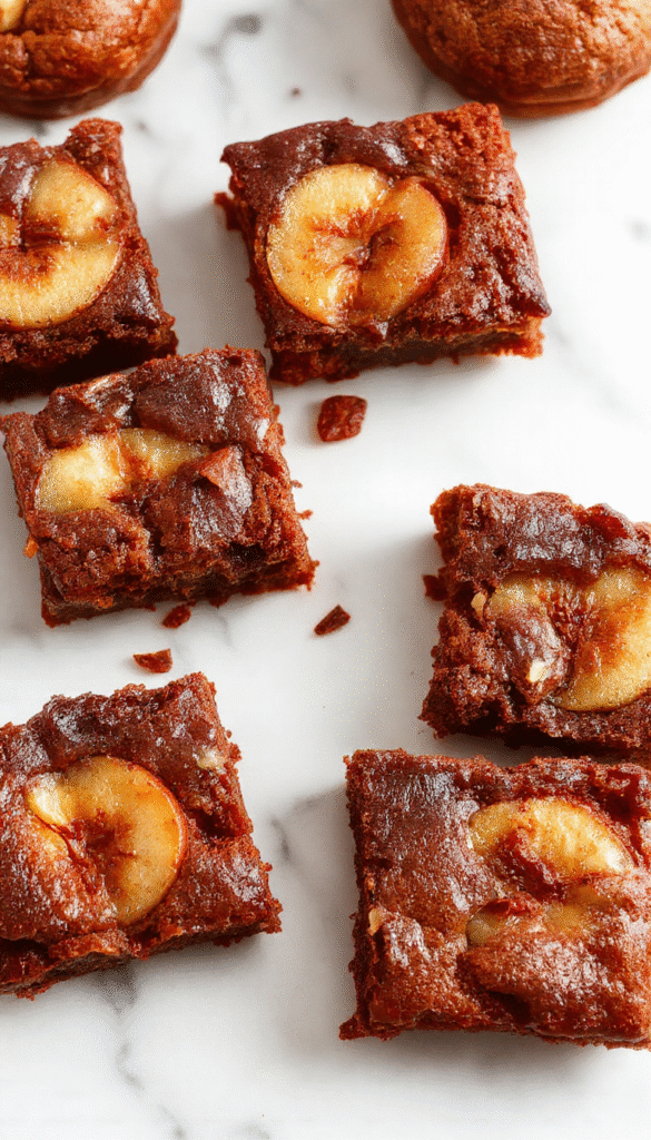 A vibrant square of apple brownies featuring a golden-brown crispy top with chunks of tender apple visible. The brownies are garnished with a sprinkle of powdered sugar, served on a rustic wooden platter with fresh apple slices and a cinnamon stick beside for warm fall vibes. The background showcases a cozy autumn setting with fall leaves and soft natural lighting emphasizing the inviting texture.